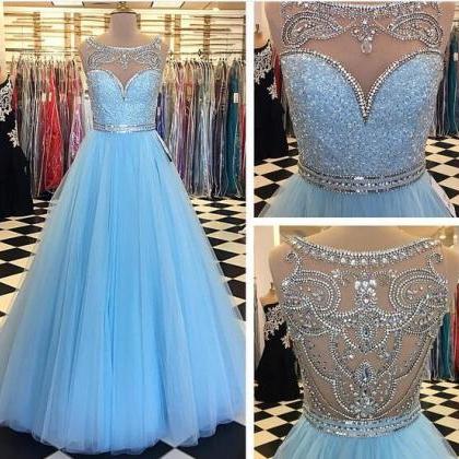2020 Baby Blue Ball Gown Tulle Prom..