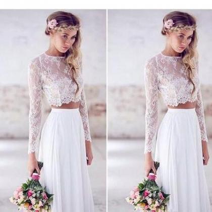 Cheap Beach Wedding Dresses Long Sleeves Lace Chiffon Floor Length