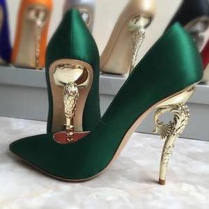 burgundy/silver/gold/champagne/grey/blue/green satin bridal wedding shoes with baroque heel pump evening party prom shoes