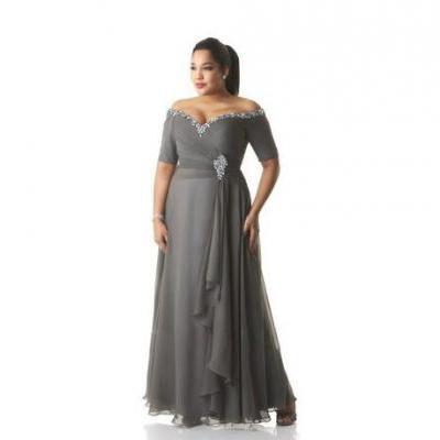 Custom Made Plus Size Dresses Evening Wear Bead Sequins Off-Shoulder Ruched Gray Chiffon Prom Dress Mother Of The Bride Gowns Ankle