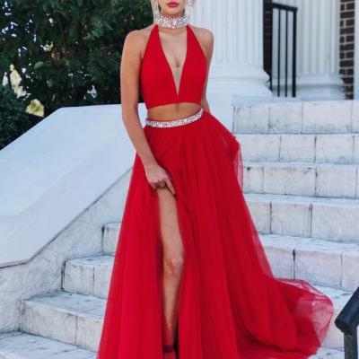  Sexy Two Pieces Red Prom Dress Formal Dresses,Deep Neck Prom Dresses, A-line Long Evening Prom Dress
