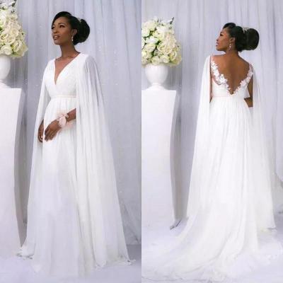 African 2018 White Chiffon Cape Sleeve Beach Country Wedding Dresses Cheap Backless V Neck Maternity Bridal Gowns Custom Made