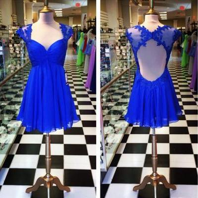 2016 Royal Blue A Line Chiffon Prom Dresses Lace Keyhole Back Homecoming Cocktail Party Gowns Vestidos