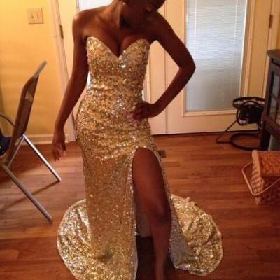 Sexy Gold Sequins Lace Side Slit Prom Dresses Evening Dress Party Dresses Gowns