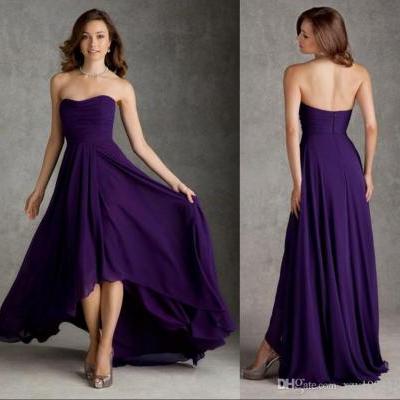 Cheap Bridesmaid Dresses Chiffon Dark Purple High Low A Line Strapless Simple Design Bridesmaid Dress Zipper Back Sleeeveless