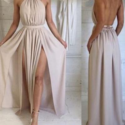 2016 Simple Style A Line Chiffon Prom Dresses Pleat Side Slit Evening Dress Party Formal Dress Gowns