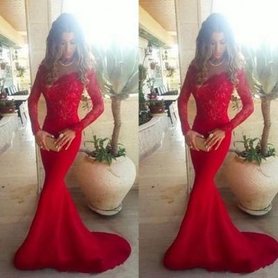 Long Sleeve Lace Mermaid Prom Dresses, Long sleeve Evening Party Dresses, Red Prom Dress, 2017 Prom Dress, Formal Prom Dress