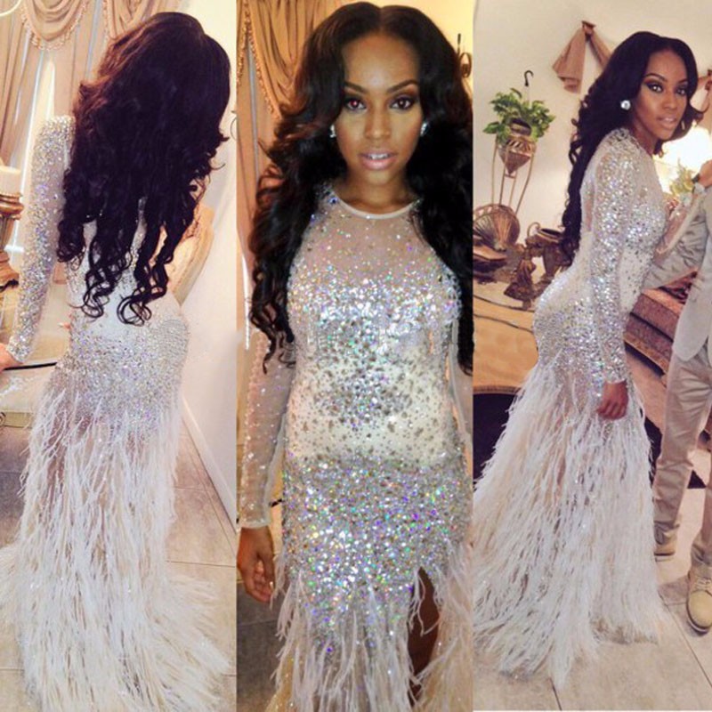 Ivory Mermaid Long Sleeve Black Girl Prom Dresses Rhinestone