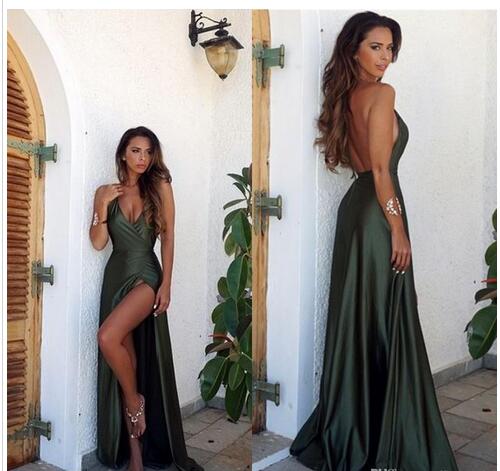 olive green satin prom dress