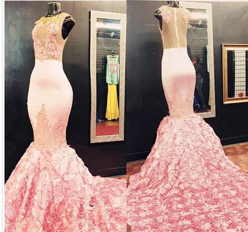 Light Pink Sexy Prom Dresses Long Illusion Appliques Mermaid Evening Dress With Rose Train Zipper Back Sexy African cocktail party dresses