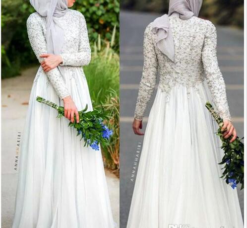 Modest Beaded Lace Applique Long Sleeve Muslim Country Style