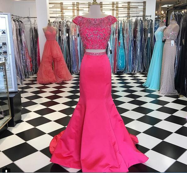 2018 Pink Two Pieces Prom Dresses Crew Neck Short Sleeve Beading Crystals Evening Dress Formal Gowns Vestidos