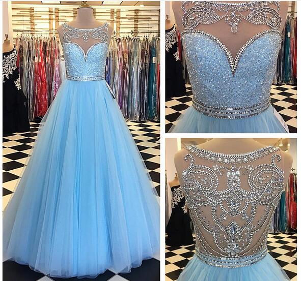 2020 Baby Blue Ball Gown Tulle Prom Dresses Crew Neck Beading Crystals Evening Dress Formal Gowns Vestidos