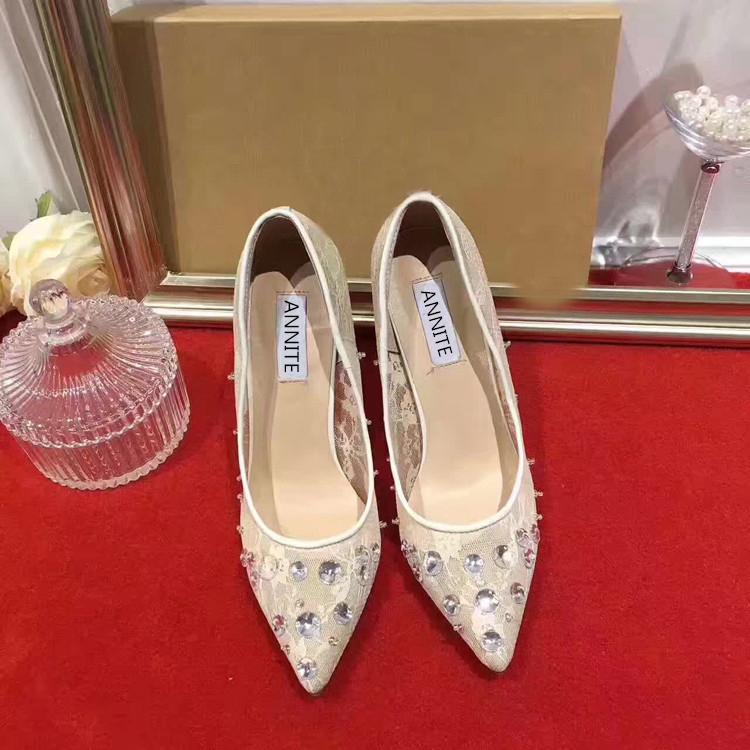 Sexy Lace Bridal Wedding Shoes Ivory/Black Shoes for Wedding Bridesmaids Prom Party Evening Shoes Pumps Heels