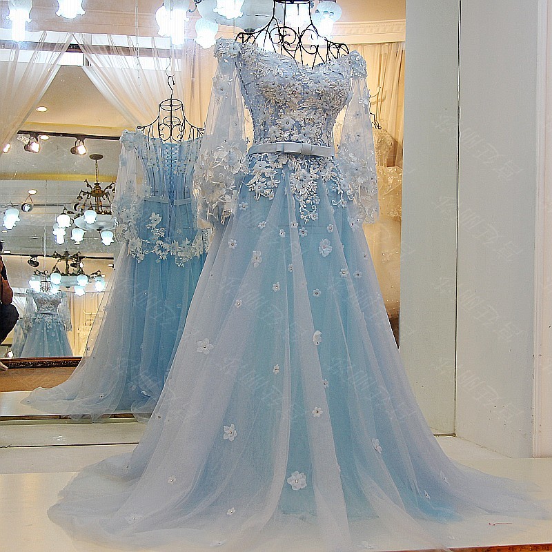 Baby Blue A Line Tulle Prom Dresses Sheer Long Sleeve Handmade Flowers Appliques Lace Evening Dress Party Gowns