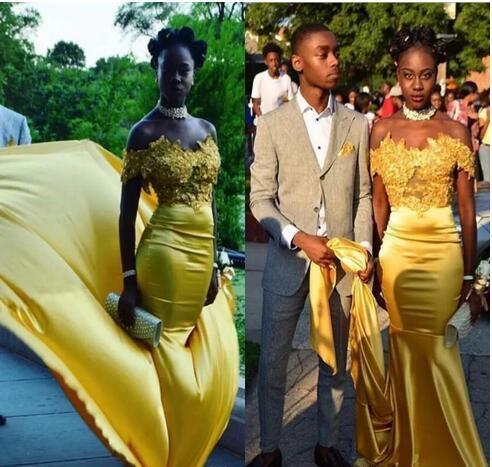 Yellow Off The Shoulder Prom Dresses With Lace Appliques Satin