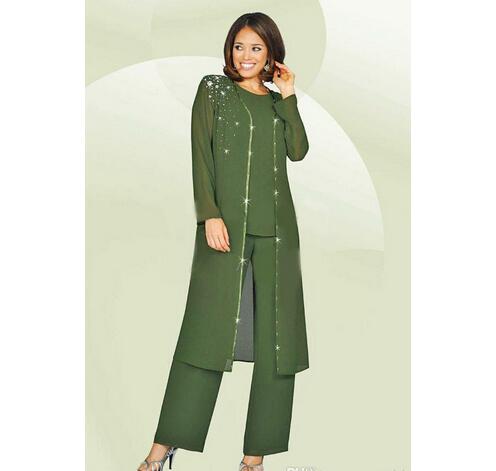 Green Plus Size Mother Of The Bride Pants Suit With Long Jacket