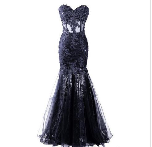 Sweetheart Sheer Lace Corset Mermaid Tulle Long Prom Dress, Evening Dress