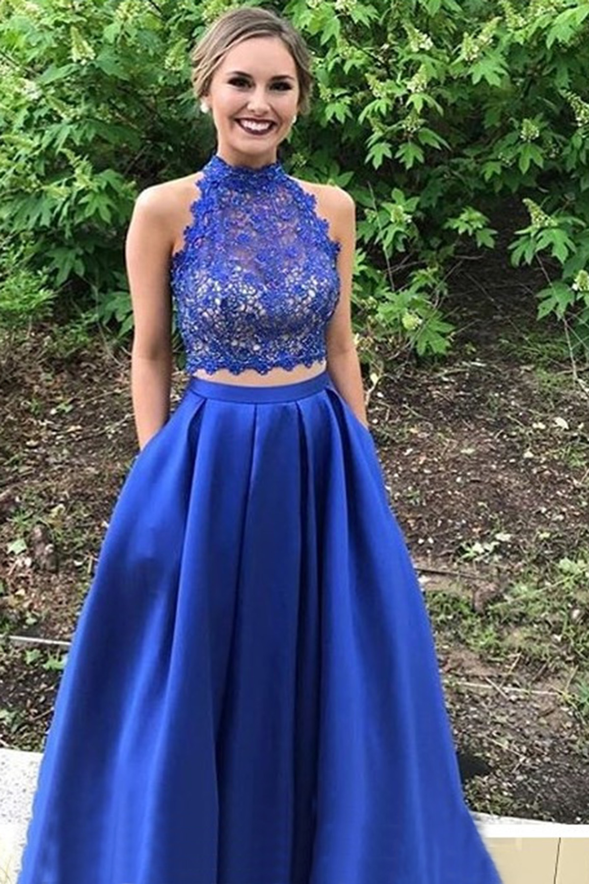 Royal Blue Two Piece Lace Prom Dress Long Prom Dress With Lace Top