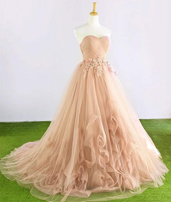 Champagne Tulle Prom Dresses, Gorgeous Lace-Up Sweetheart Party Dresses, Long Prom Dresses