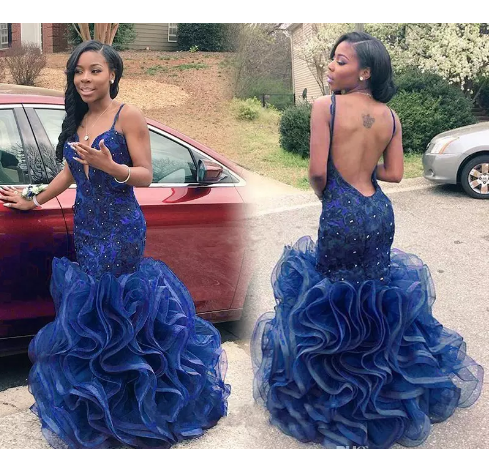 Navy Blue Black Girl Mermaid Prom Dresses Spaghetti Backless