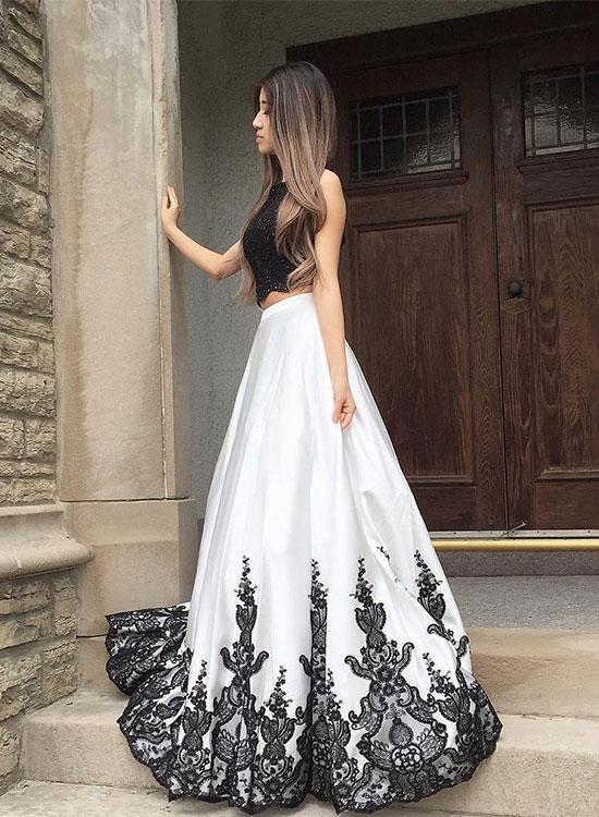 Petite Black And White Lace Long Prom Dress Two Pieces Evening