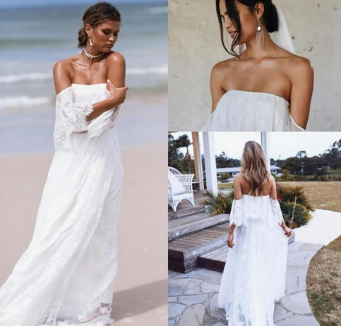 Vintage Beach Wedding Dresses Backless Bohemian Full Lace Off The Shoulder Bridal Gowns Hippie Wedding Dress
