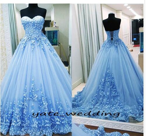 Ball Gown Prom Dresses Sweetheart Appliques Tulle Backless Bandage Light Blue Evening Gowns Quinceanera Dresses Sweet 16 Dresses