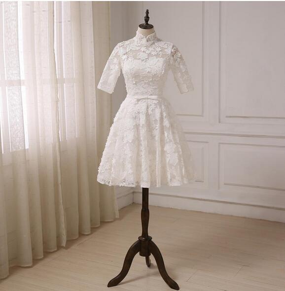 Simple Ivory Real Photos A-Line High Collar Lace Illusion Half Sleeve With Satin Sashes Short Wedding Dress Knee-Length Bridal Gowns