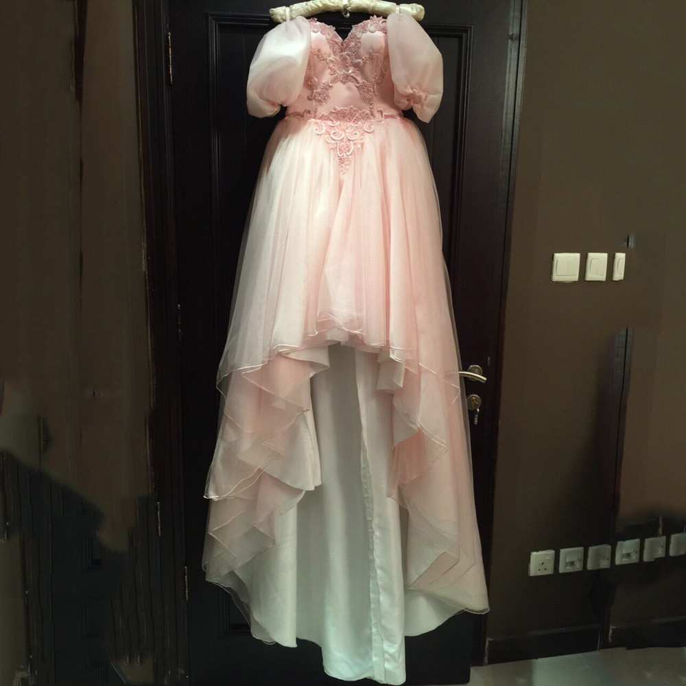  2016 Fashion Pink Off the Shoulder Appliqued Half Sleeve Short Front Long Back Prom Dresses 