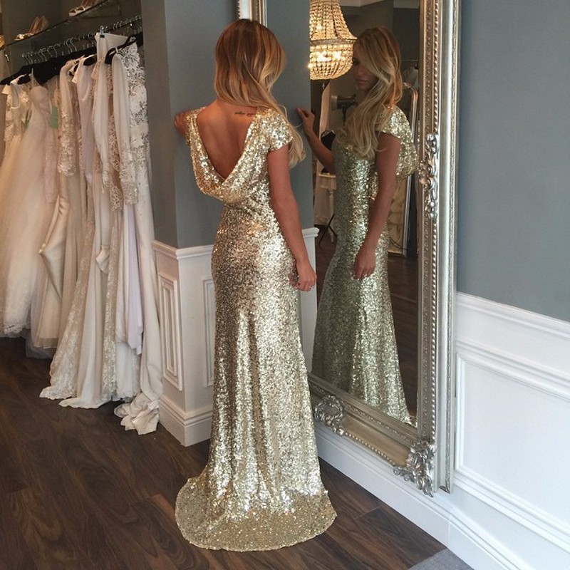 Cheap Gold Sequin Bridesmaid Dresses Mermaid Backless Shiny Long