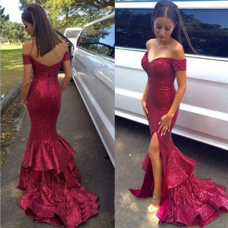 glitter off the shoulder prom dress