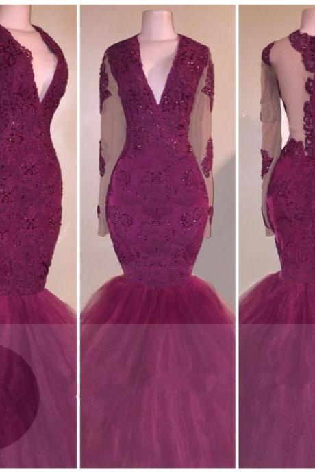 Wine Red Evening Dress Long Sleeve Plunging V Neck Tulle Mermaid Party Dresses Formal Gown 