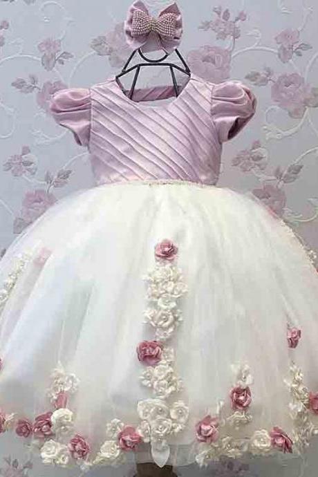  Cute O Neck Short Sleeve Appliqued 3D Flowers Bow Floor Length Ball Gown Little Girl Pageant Dresses 