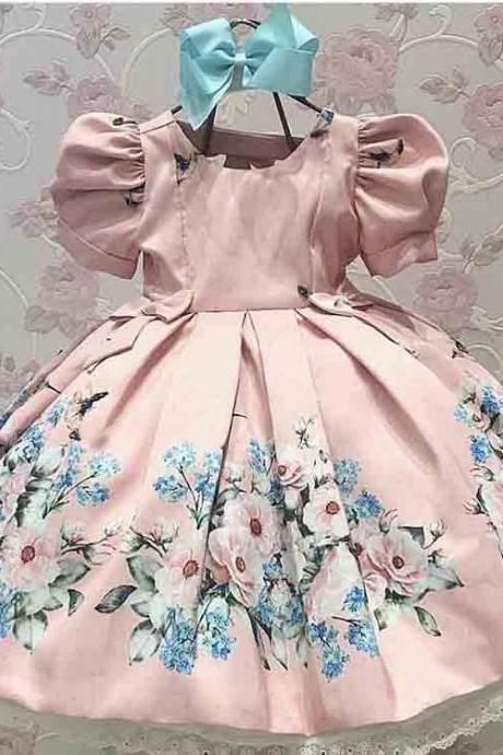 New Arrival Blush Pink O Neck Short Sleeve Pleated Print Flowers Ball Gown Little Flower Girl Dresses 