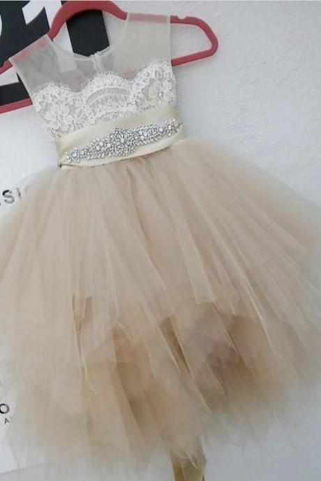 Fashion Champagne O Neck Appliqued Lace Sashes Knee Length Puffy Flower Girl Dresses