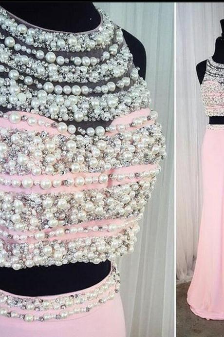 Gorgeous Pink Two 2 Piece Prom Dress Beaded Pearls Evening Party Dresses Long Homecoming Dress Robe de soiree Graduation