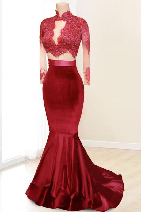  Sexy 2 Two Piece Prom Dress Velvet Burgundy Dark Red Prom Dresses Mermaid Long Sleeve Lace Appliques Beaded Evening Gowns