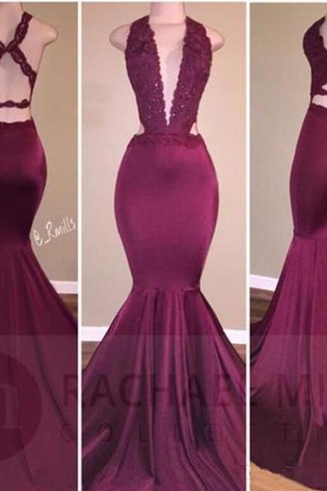 Sexy Mermaid Burgundy Prom Dresses Long Open Back Robe De Soiree Deep V Neck Party Dress Formal Evening Gowns