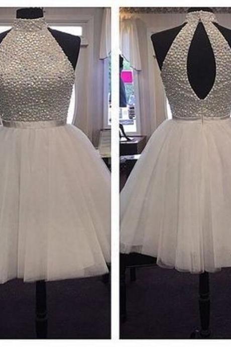 High Quality Halter Crystal Pearl Beading Organza Short Prom Dresses Crystal Pearl Hand Beaded Evening Party Gown 