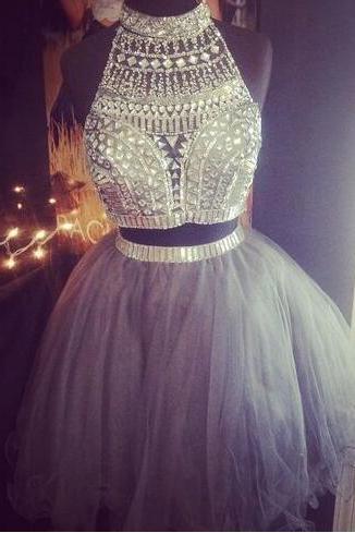 Sexy Short Cocktail prom Gowns High Neck Beaded Crystal Two Pieces Silver Grey Tulle A-line mini Homecoming Dresses
