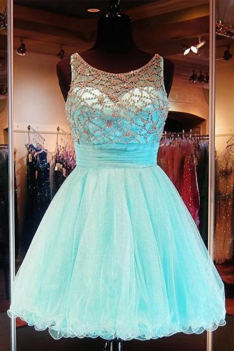 Shining A-Line Homecoming Dresses 2017 Short Tulle Top Beaded Sequined Mini Short Backless Party Dresses