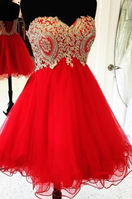 Gold Lace Appliques Short Red Homecoming Dresses 2017 Cocktail Party Dresses Ruffles Tulle Short Dresses