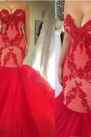 Red Sexy Sweetheart Prom Dresses Sequins Beaded Lace Tulle Mermaid Long Formal Backless Vestidos De Fiesta Evening Party Dresses