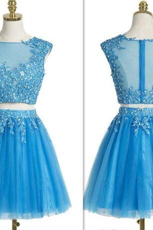 Teen Cocktail Dresses 2017 Blue Sheer Lace Appliques Beaded Short Prom Gowns 2 Pieces Tulle Mini Cheap Homecoming Dress For Girls Party ..