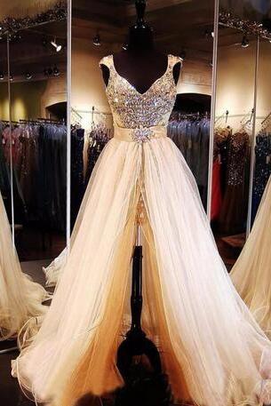 Detachable Train Long Prom Dresses 2018 New Vestidos de formatura Gorgeous Beaded Crystals Cap Sleeves Prom Gown Robe De Soiree