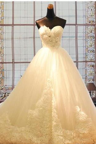 Classy Real Images Wedding Dresses A-Line Sweetheart Neckline Hand Made Flowers Bridal Gowns Sweep Train Beaded Lace-up Back Wedding Dress