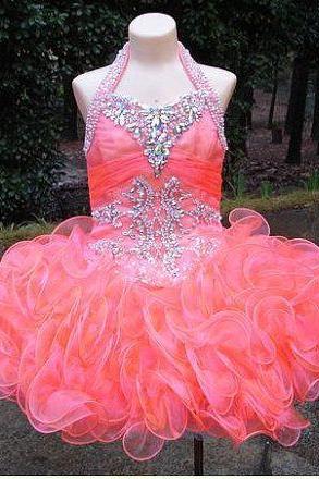 Cute Ruffled Organza Toddler Girls Pageant Dresses 2018 Cheap Halter Neckline Beaded Crystal Ball Gown Flower Girl Dresses