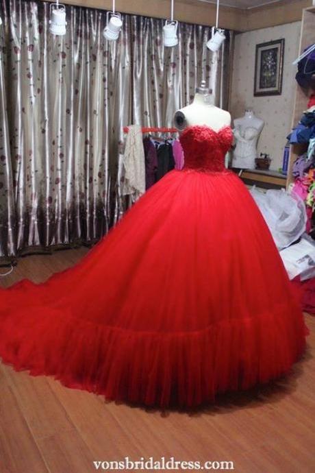 Red Ball Gown Tulle Prom Dresses Sweetheart Lace Bodice Puffy Evening Dresses Party Gowns Vestidos