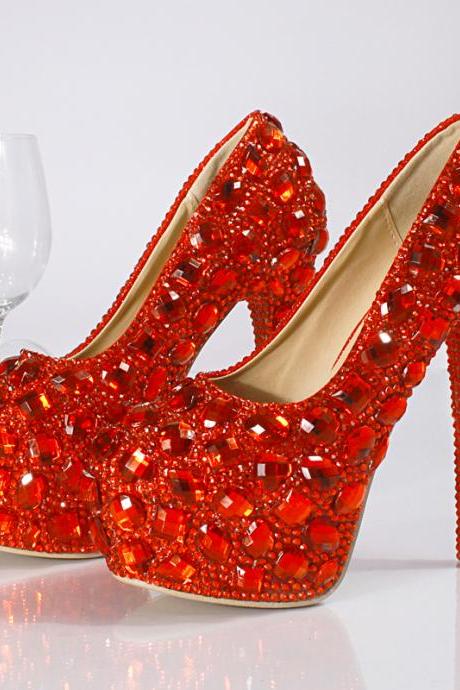 2019 In Stock Sparkle Red Wedding Heels Women Pumps 10 cm High Heels Wedding Bridal Shoes Crystals Lace Pointed Toe High Heels